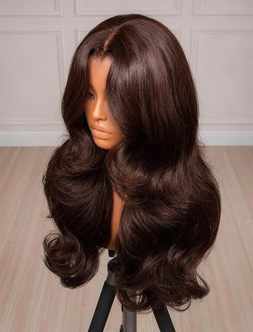 Klaiyi 7x5 No Slip Glueless Lace Wig Rich Chocolate Brown Body Wave with Face-Framing Layers Human Hair Wig