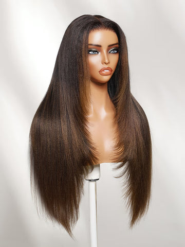 Klaiyi Ombre Chestnut Brown Yaki Straight Layered Straight Wig 7x5 No-Slip Glueless Lace Human Hair Wig