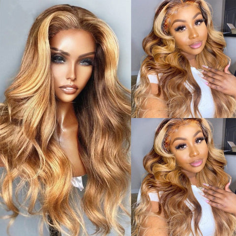 Ombre Highlight Lace Front Wig Body Wave Honey Blonde Human Hair Natural Density