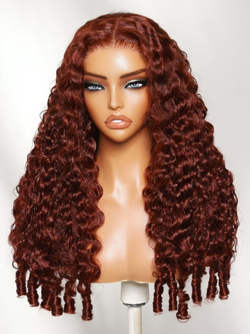 Klaiyi 13x4 Pre-Everything Lace Frontal Wig Reddish Brown Fluffy Burmese Wavy Human Hair Wig