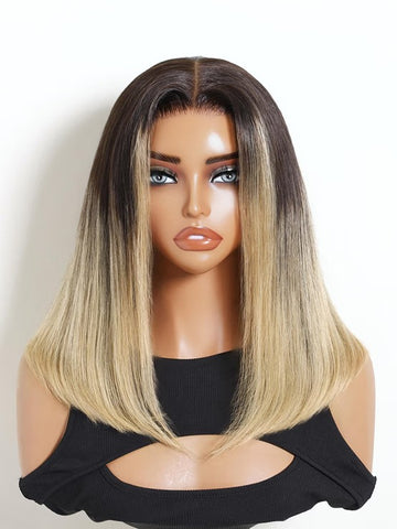 Klaiyi 7x5 Lace No Slip Glueless Lace Wig Dark Brown to Blonde Ombre Straight Bob Human Hair Wig