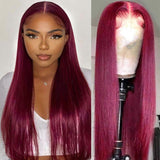 Klaiyi Dark 99J Burgundy Color Long Straight Lace Front Wigs 100% Virgin Human Hair Wigs