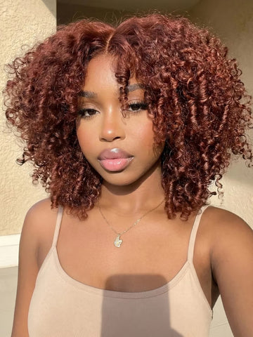 Klaiyi Afro Kinky Curly & Jerry Curly Reddish Brown 200% Density 7x5 Bye Bye Knots Lace Closure Put On and Go Glueless Wig