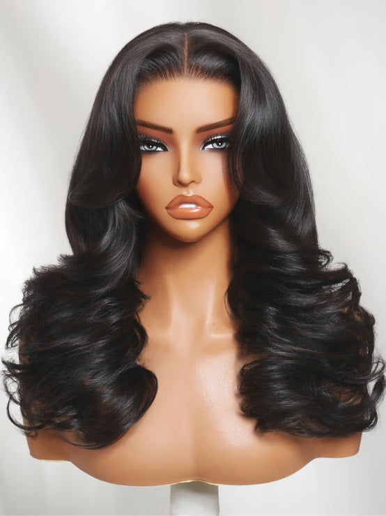 Klaiyi 7x5 No Slip Glueless Lace Bmbshell Blowout Loose Wave Layered Wig Face-framing Feathered Layers Human Hair 200% Density