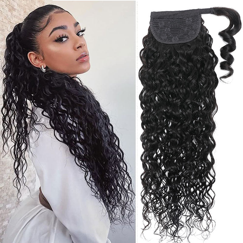 Klaiyi High Ponytail with Weave Wrap Around Clip in Hair Extensions Water Wave/Deep Wave Ponytail Flash Sale