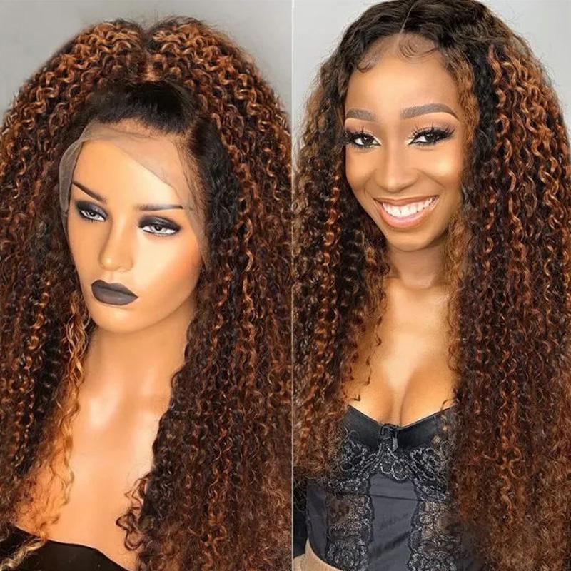 Klaiyi 180% 13x4 Lace Front Dark Brown Balayage Highlights Curly Transparent Lace Front Wigs Flash Sale