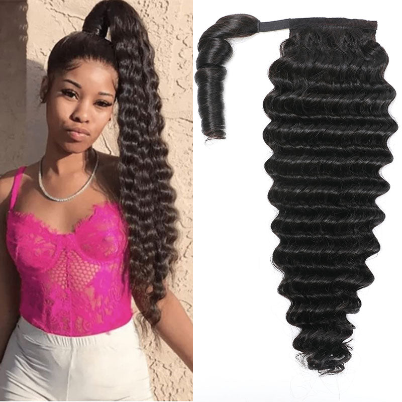 Klaiyi High Ponytail with Weave Wrap Around Clip in Hair Extensions Water Wave/Deep Wave Ponytail Flash Sale