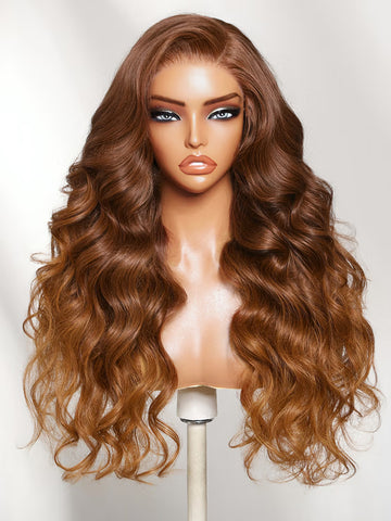 Klaiyi 13x4 Pre-Everything Lace Frontal Wig Lace Frontal Wig Copper Auburn Ombre Body Wave Wig with Side-Swept Face-Framing Layers