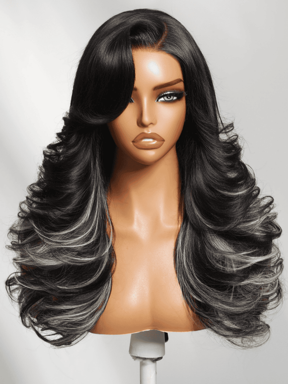 Klaiyi 7x5 Lace Feathered Layered Wig Natural Black with Ash Blonde Highlights 200% Density Side Bangs Human Hair Wig