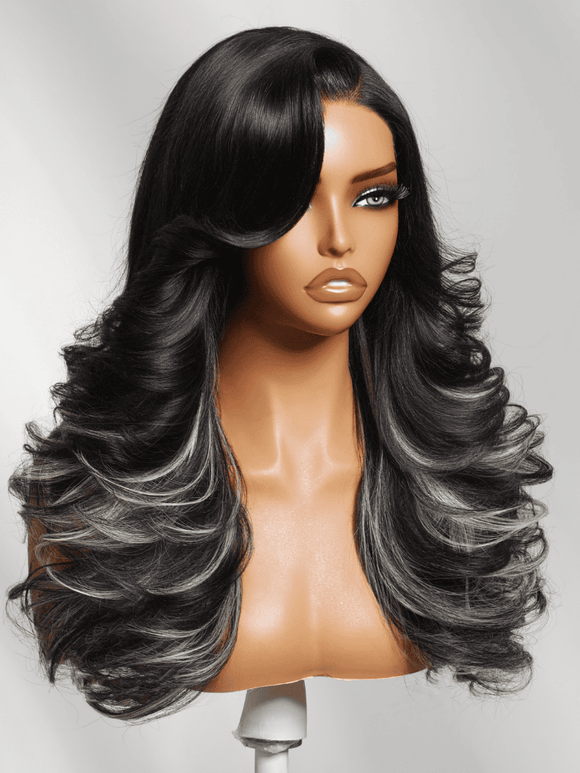 Klaiyi 7x5 Lace Feathered Layered Wig Natural Black with Ash Blonde Highlights 200% Density Side Bangs Human Hair Wig