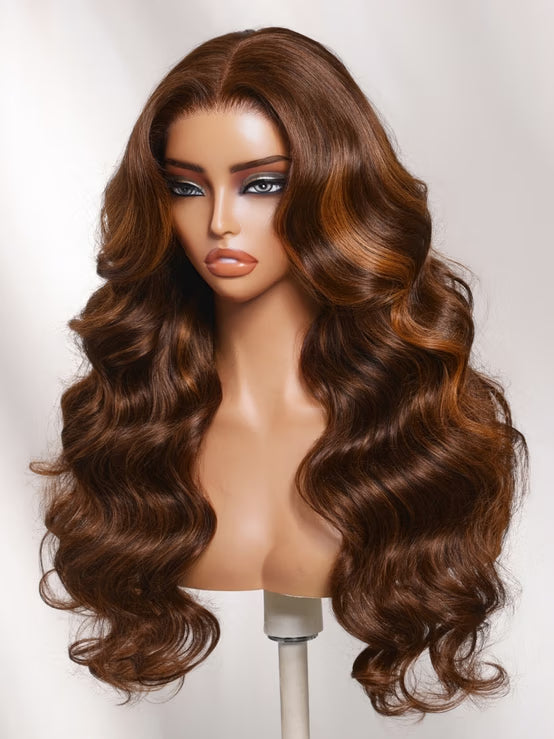 Klaiyi 7x5 No-Slip Glueless Copper Auburn Highlights On Rich Chocolate Brown Body Wave Human Hair Wig Put On & Go with Invisi Drawstring