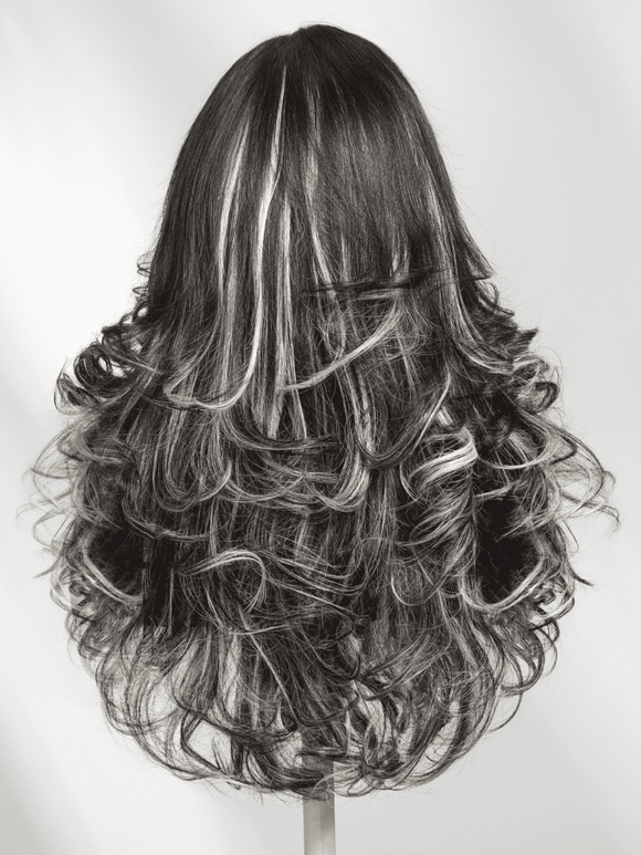 Klaiyi 7x5 Lace Feathered Layered Wig Natural Black with Ash Blonde Highlights 200% Density Side Bangs Human Hair Wig