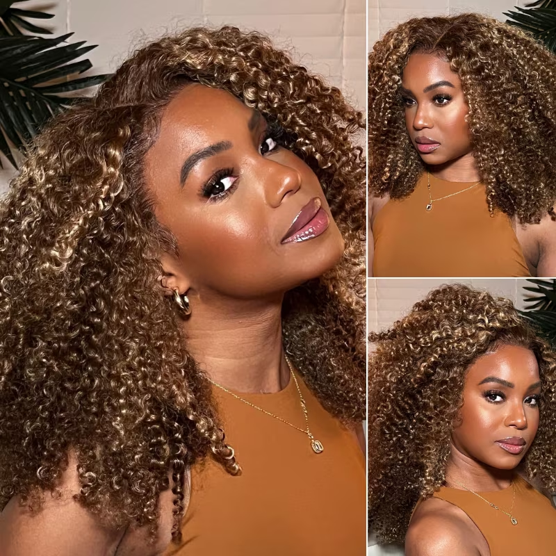 Klaiyi 7x5 Pre-cut Glueless Lace Invisible Knots Wig Ombre Highlight Piano Brown Kinky Curly Balayage Human Hair