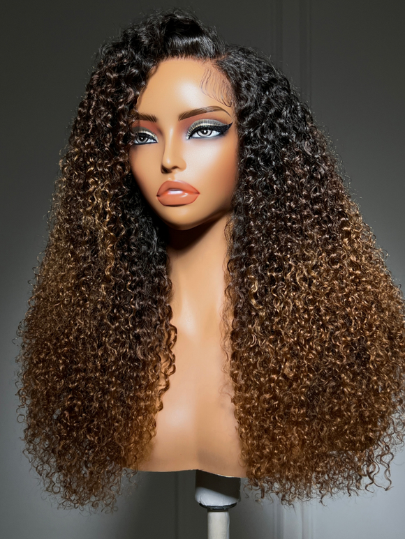 Klaiyi 7x5 No Slip Glueless Lace Wig Dark Brown To Warm Golden Caramel Curly Human Hair Wig