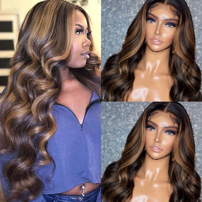 Extra 70% OFF | Klaiyi Dark Root Brown Balayage Highlight Body Wave 13x4 Lace Front Wig Human Hair Wig