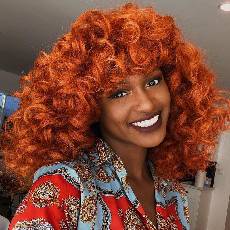 4000 Points | Klaiyi Natural Color Afro Short Curly Wig with Bangs Fullness Bouncy Rose Curls Replacement Wig