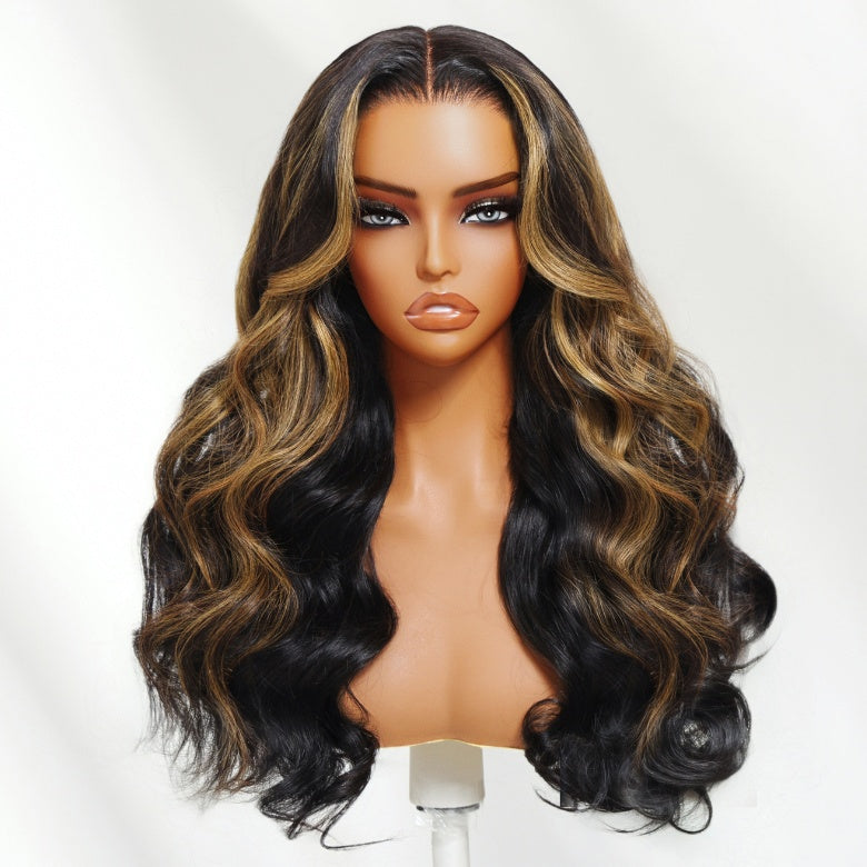 Klaiyi Black with Caramel Blonde Highlights Body Wave Wig 7x5 Bye-Bye Knots Put on and Go Glueless Wig