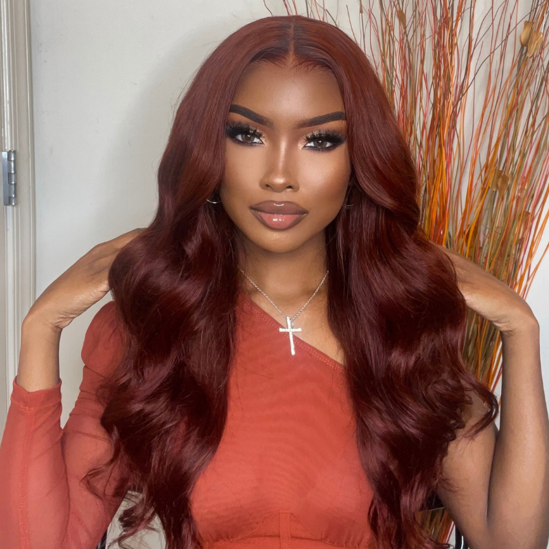 Flash Sale | Klaiyi Reddish Brown Hair Body Wave 4x4 Lace Closure / 13x5 T Part Lace Wig