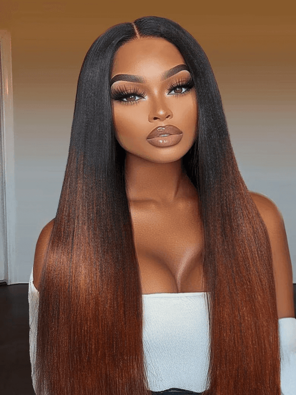 $77=20" Wig | Flash Sale Klaiyi Yaki Straight V Part Wigs Ombre Reddish Brown with Dark Roots Upgrade Invisi Drawstring