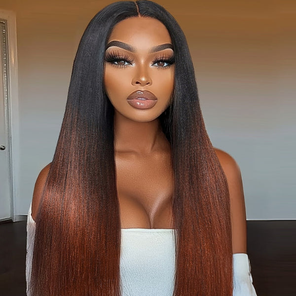 Flash Sale Klaiyi Yaki Straight V Part Wigs Ombre Reddish Brown with Dark Roots Upgrade Invisi Drawstring
