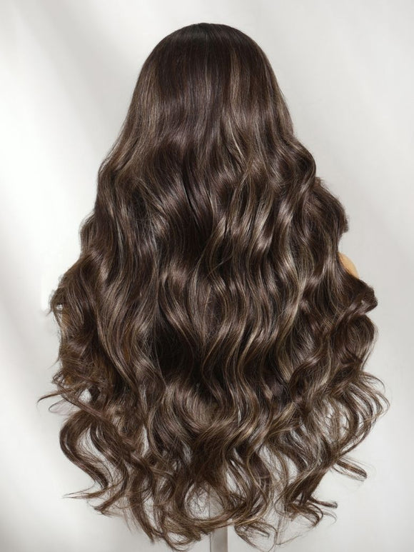 Perruque Klaiyi Ombre Brown Balayage Highlight Body Wave 7x5 Bye Bye Knots, précolorée, sans colle, en cheveux humains et dentelle. 