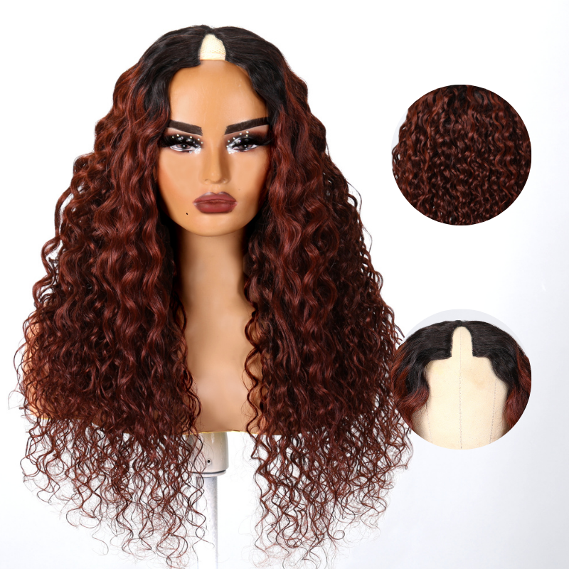 Extra 70% OFF | Klaiyi Breathable Cap Wig Dark Root Reddish Brown Water Wave V Part Wigs Real Scalp No Leave Out