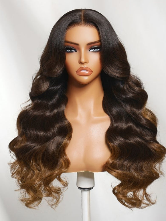 Perruque Klaiyi Ombre Brown Balayage Highlight Body Wave 7x5 Bye Bye Knots, précolorée, sans colle, en cheveux humains et dentelle. 
