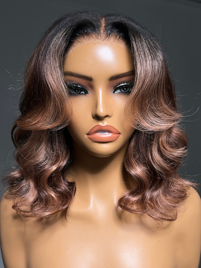 Klaiyi 13x4 Pre-Everything Lace Forntal Wig Sun-kissed Copper Brown Highlights Face-framing Layered Blowout Bob Wig
