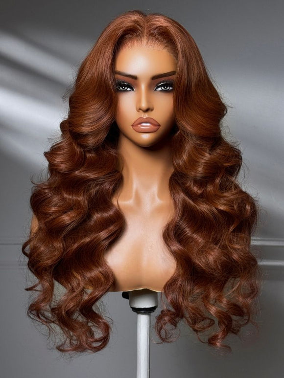 Perruque Klaiyi Brunette Auburn Cuivré 7x5 Pre everything Lace Frontal Wig Body Wave Cheveux Humains Vierges Couleur Brun Rougeâtre 