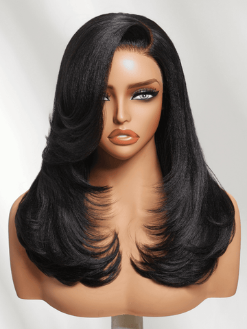 Klaiyi 7x5 HD No Slip Blowout Lob Yaki Straight Wig Side Part Face-Framing Feathered Layers Salon Blowout Look Glueless Wig