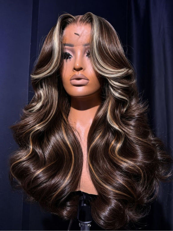 Perruque Klaiyi Ombre Brown Balayage Highlight Body Wave 7x5 Bye Bye Knots, précolorée, sans colle, en cheveux humains et dentelle. 