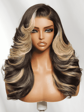 Klaiyi 7x5 No Slip Glueless Feathered Hair Wig 200% Density Black-to-Caramel Blonde Melt Side-Part Loose Curls