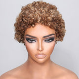 Klaiyi Brown with blonde highlight Short Pixie Cut Wigs Machine Made Human Hair Flash Sale