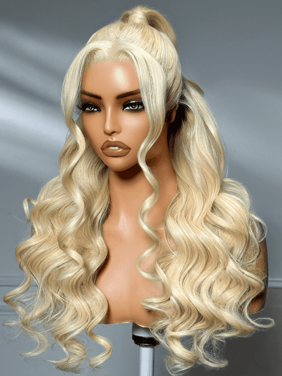 Klaiyi Transparent Full Lace Wigs 613 Blonde Body Wave Glueless Lace Wigs Human Hair 180% Density