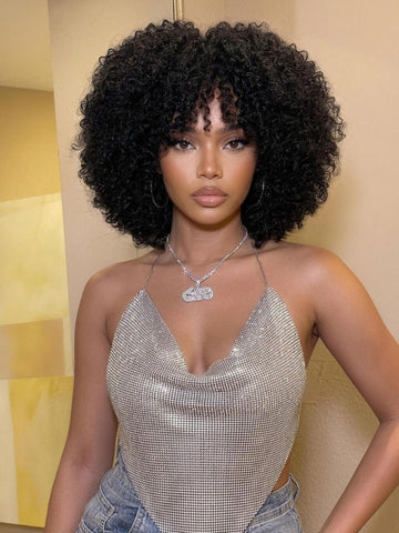 Klaiyi Chic Short Afro Kinky Curly Wig Machine Made Glueless Fluffy Curly Bob Human Hair Wigs