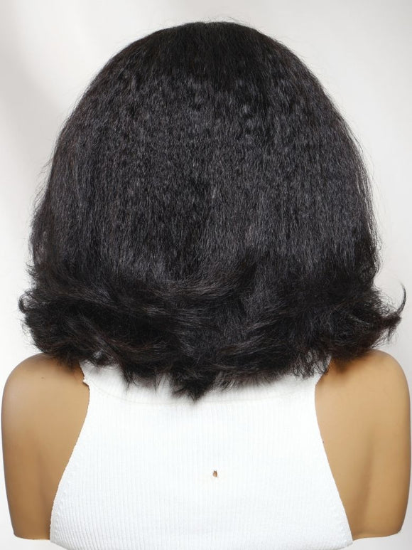 Perruque Klaiyi New EasiContour™ Yaki Straight V Part Wig Meets Real Leather, prête à porter, sans colle, avec cordon de serrage invisible. 