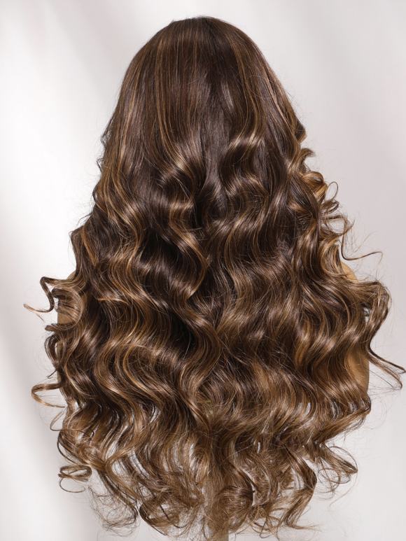 Klaiyi 7x5 No-Slip Glueless Chocolate Brown with Caramel Blonde Highlights Body Wave Put On & Go with Invisi Drawstring