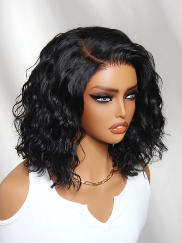 Klaiyi 6x4 Lace Closure Ready to Go Water Wave Short Wavy Bob Wig Glueless Minimalist Lace Wig 220% Density