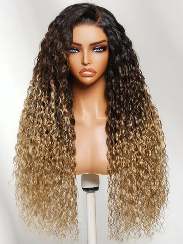Klaiyi 7x5 No-Slip Glueless Water Wave Wig Ombre Brown to Blonde with Dark Roots 150% Density Wet & Wavy Beach Curls Put-On & Go
