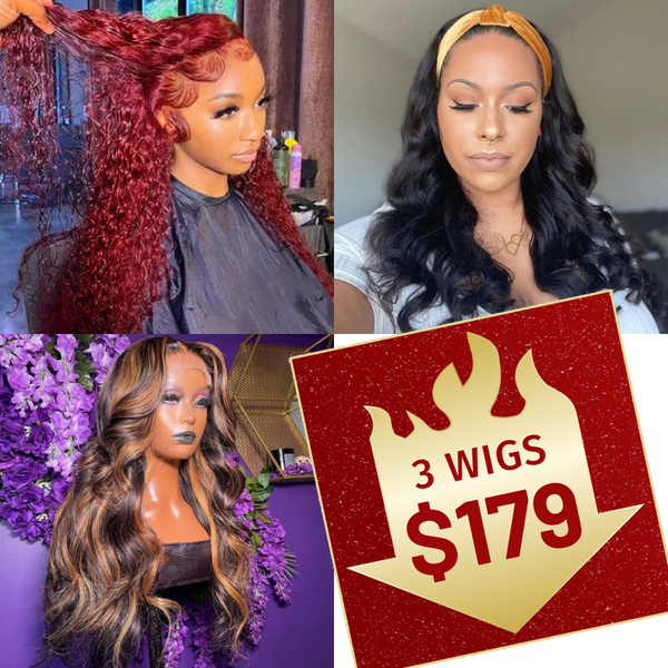 $179 Get 3 Wigs | 13x4 Lace Front 99J Burgundy Jerry Curly Wig + 180% Density 13x5x0.75 T Part Lace Highlight Balayage Body Wave Wig + Body Wave Headband Wig Flash Sale