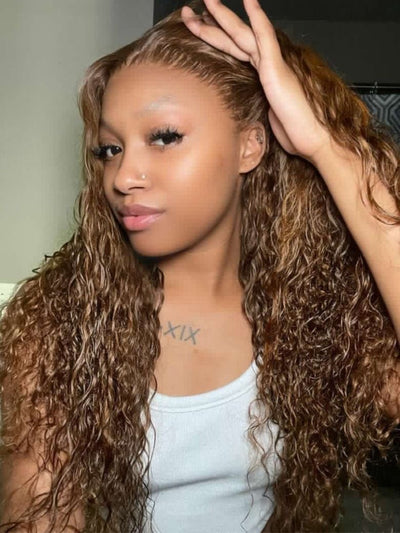 Klaiyi 13x4 Pre-Everything Water Wave Wig Warm Caramel Brown with Honey Highlights Glueless Lace Front Wig