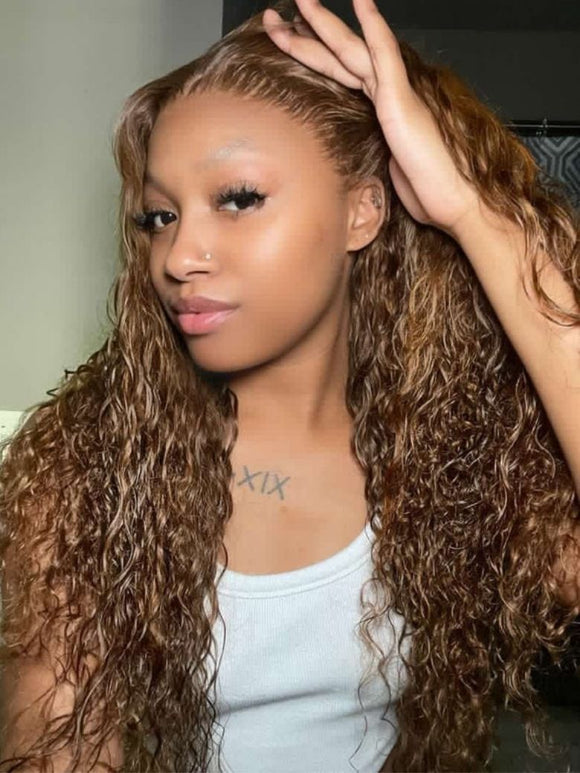 Perruque Klaiyi Ombre Brown Balayage Highlight Body Wave 7x5 Bye Bye Knots, précolorée, sans colle, en cheveux humains et dentelle. 