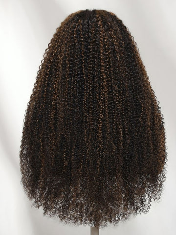 Klaiyi 7x5 No-Slip Glueless Wig Golden Brown with Sunlit Highlights Kinky Curly 150% Density Bye-Bye Knots Lace Closure Put-On & Go