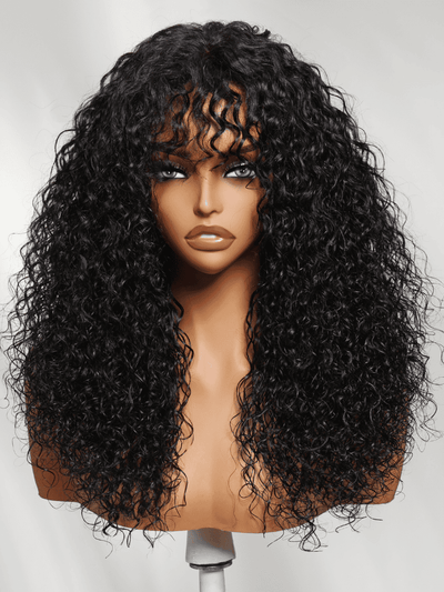 Klaiyi T-Part Shaggy Curly Wig with Bangs Natural Black Afro Curls with Drawstring Glueless Beginner-Friendly