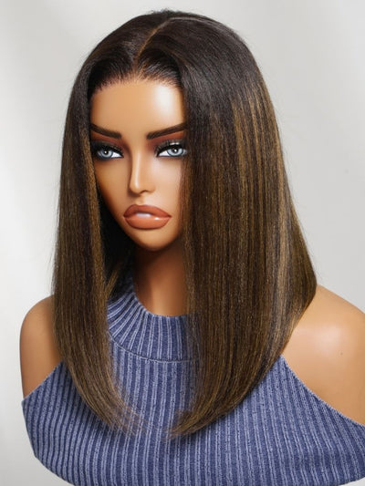 Klaiyi 7x5 No Slip Glueless Lace Wig Balayage Highlights Yaki Straight Bob Wig with Invisi Drawstring