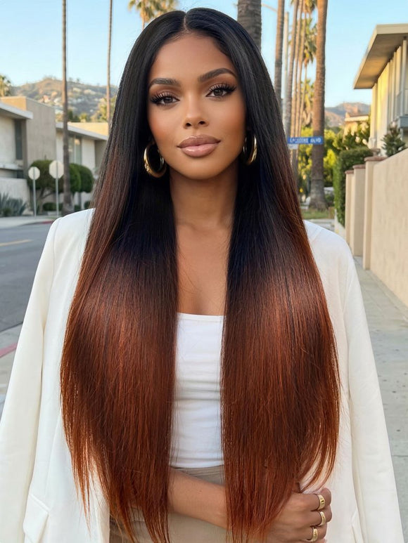 $77=20" Wig | Flash Sale Klaiyi Yaki Straight V Part Wigs Ombre Reddish Brown with Dark Roots Upgrade Invisi Drawstring