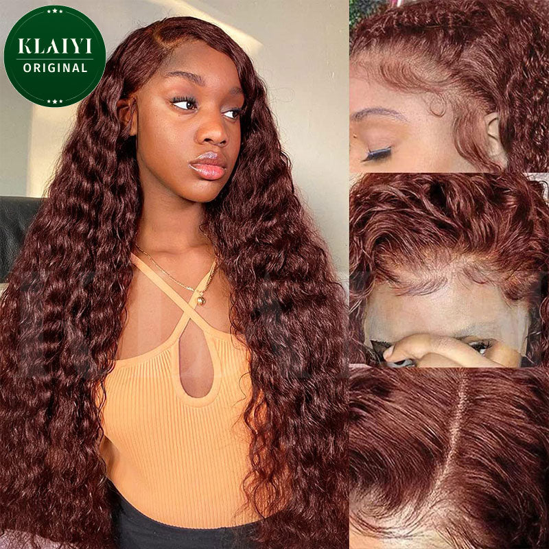 Klaiyi Hair Reddish Brown Water Wave 13x4 Lace Front Wigs / Upgrade 13x4 Pre-everything Wig Flash Sale