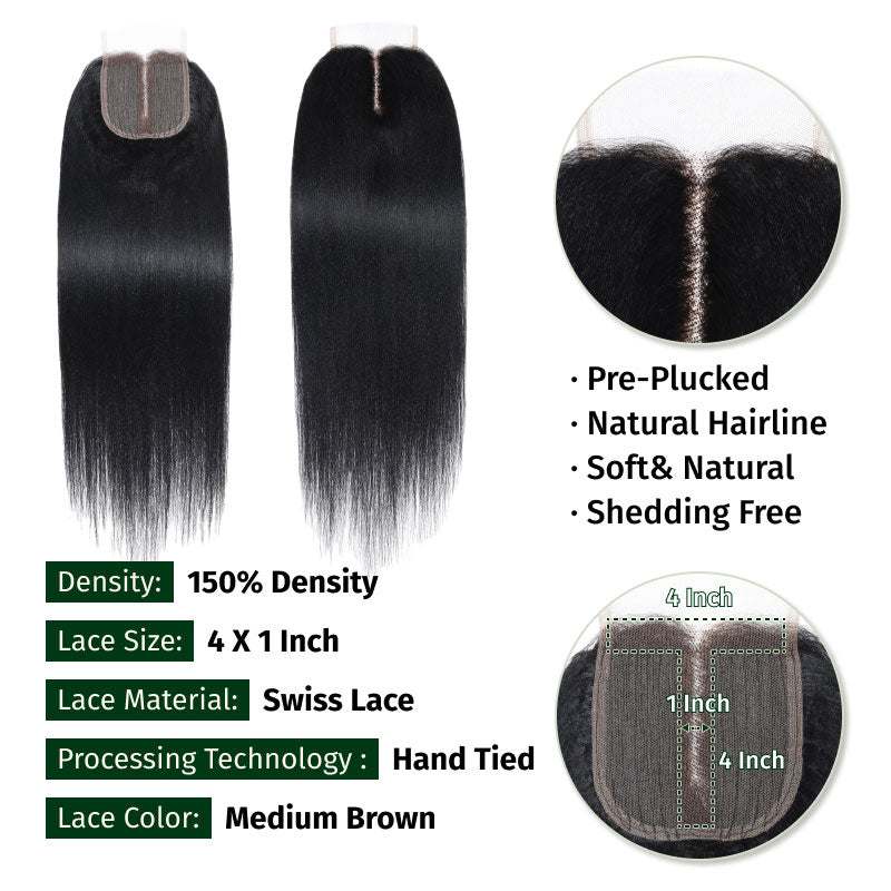 Klaiyi Yaki Straight Hair Bundles with Closure Brazilian Hair 3 Bundles with 4*1 Lace Part Closure Flash Sale