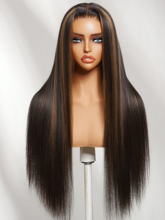 Klaiyi 7x5 Noir naturel avec mèches brunes, coupe au carré court lisse Yaki, cheveux humains Bye Bye Knots avec cordon de serrage invisible. 