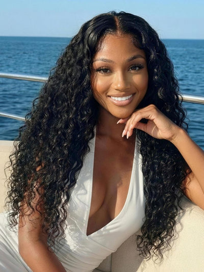 Klaiyi 7x5 and 13x4 Water Wave Drawstring™ Wig Put On and Go Glueless Human Hair Wigs Natural Black Color with Baby Hair